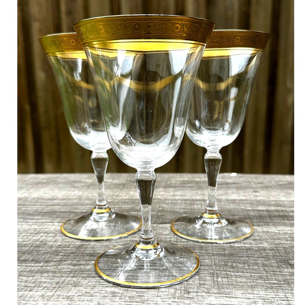 Tiffin Franciscan Crystal Optic Gold Encrusted 6 3/8" Wine Water Glasses-Set 3
